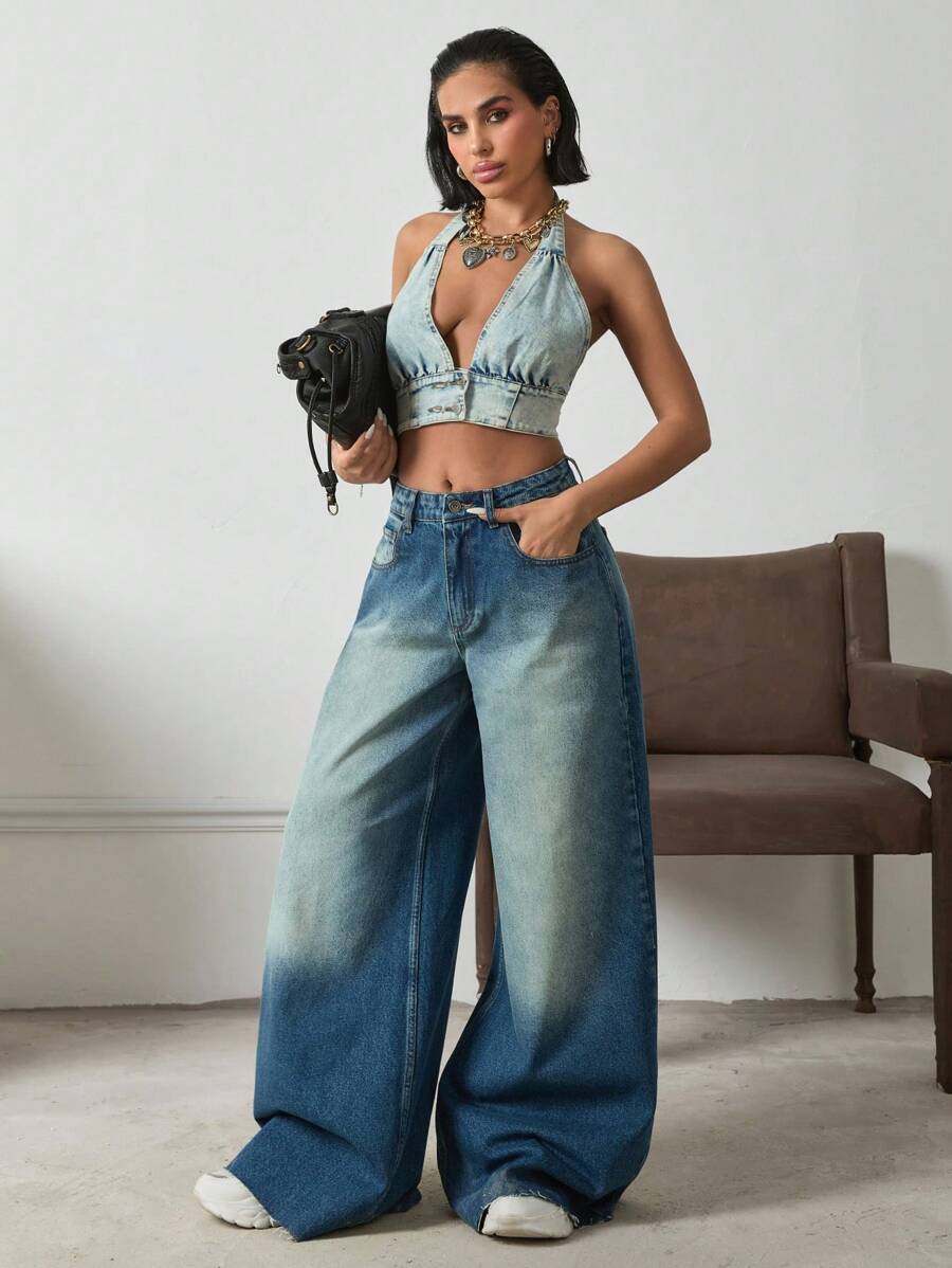 高腰阔腿 Y2K 风格宽松牛仔裤 - 中等水洗藍 - 查看 1