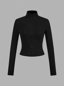 SHEIN EZwear 2 件套酒红色和黑色罗纹拉链长袖针织 T 恤女士 - 彩色 - 查看 4