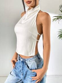 Comfortcana Top a camicia da donna in lino senza schienale, con spalline a spaghetti, ideale per le vacanze estive