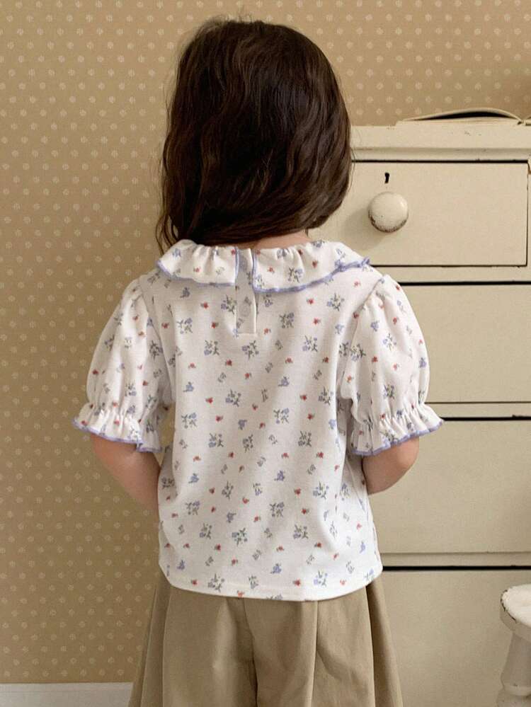 Young Girl Round Neck Casual Full Print Ruffle Hem Short Sleeve T-Shirt, Summer
