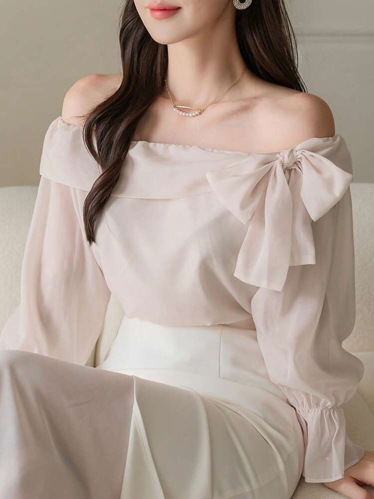 Valentine's Day Solid Color Tie Shoulder Women's Blouse,Ruffle,Off Shoulder Top,Fall Women Clothes Long Sleeve Top