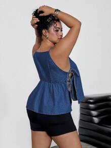 SHEIN ICON Plus Size Summer Casual Ruffle Hem Side Tie Denim Blouse - Blue - View 5