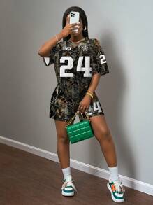 Slaydiva Women's Casual Two-Piece Outfit: Knitted Camo Print V-Neck Short Sleeve Top And Shorts Set Suitable For Going Out - Multicolor - View 4