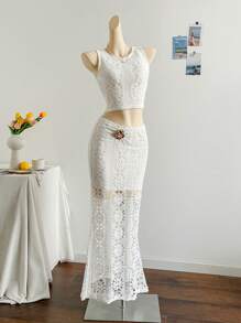 Soleia 女士度假套装：镂空针织吊带背心和紧身鱼尾下摆裙，适合派对、音乐节、海滩、约会、夏季 - 米色 - 查看 5