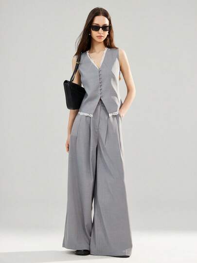 Aveloria Affinna 女装夏季新款蕾丝拼接V领单排扣无袖背心搭配阔腿西装裤修身办公室西装套装