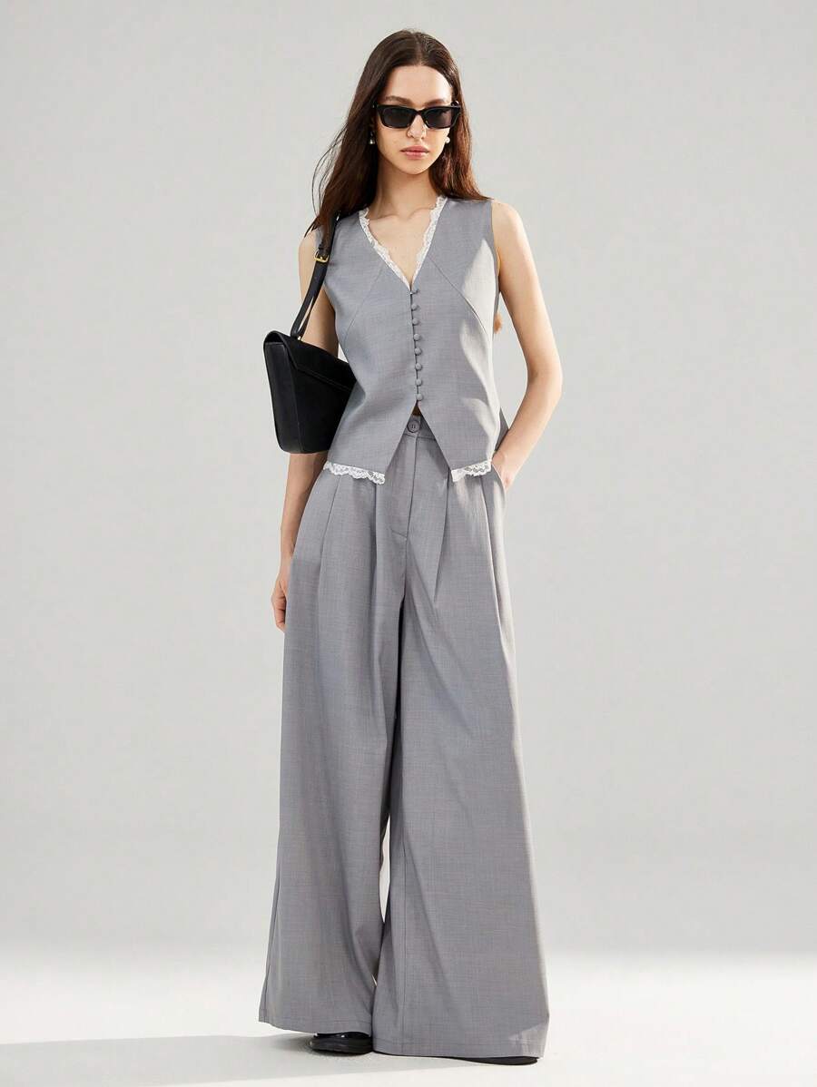 Aveloria Affinna 女装夏季新款蕾丝拼接V领单排扣无袖背心搭配阔腿西装裤修身办公室西装套装 - 灰色 - 查看 1