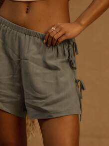 MUSERA Double Side Tie Linen Look Elasticated Waist Shorts Ibiza Holiday Summer Vacation Beach White Isle Chic Elegant Casual - Green - View 5