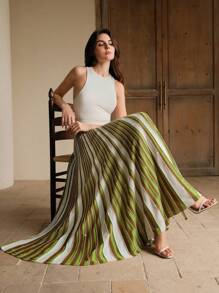 Anewsta 女士优雅针织褶皱闪亮亮片裙，适合节日、春季、商务休闲、朴素风格、Oldmoney - 綠色 - 查看 4