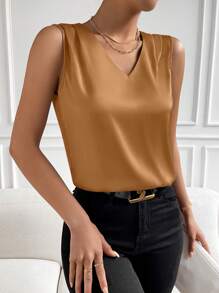 EMERY ROSE Blusa de mujer de verano con cuello en V unicolor, sin mangas, con volantes - Marrón - Ver 5