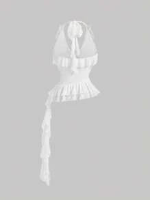SHEIN MOD Elegant Ruffled Frill Hem Layered White Halter Tank Top - White - View 2