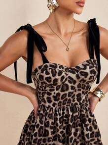 PHXTHREADS Leopard Animal Print Black Velvet Suspender Layered Sexy Mini Dress Vacation Summer Sundress Mob Wife Outfits - Multicolor - View 5
