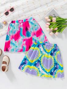 SHEIN 2pcs Girls Fashion Tie Dye Gradient Knit Shorts Set, Suitable For Casual Daily Wear - Multicolor - View 2