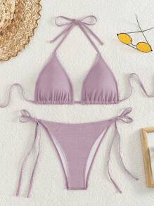 Swim Basics Women's Summer Beach Solid Color Halter Tie Sexy Bikini Swimsuit Set - Mauve Purple - View 1
