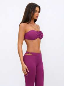 Aloruh 2pcs Women's Vacation Purple Ring Bandeau Top And Ultra Low Waist Pants Set - Purple - View 6