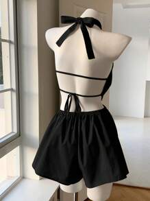 Comfortcana Women's Black Woven Linen Casual Jumpsuit, Suitable For Vacation - Black - View 2