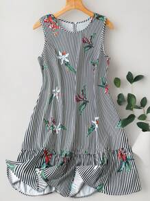 SHEIN LUNE Plus-Size Summer Plaid Sleeveless Crew Neck Casual Holiday Boho Dress For Women Women Summer Clothes Black And White Stripes Foral Boho Women Clothing Renaissance Fair Dress - Black - View 6