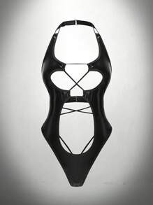 朋克时尚音乐节派对黑色 PU 镂空交叉大腿高开叉性感紧身衣女式内衣外套，狂野 - 黑色 - 查看 4