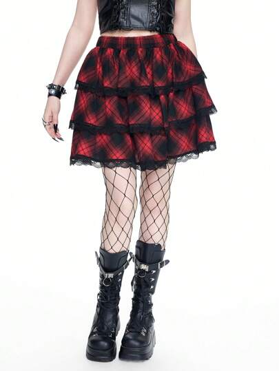 Goth Falda A-line de cuadros con volantes en capas de estilo punk gótico para mujer