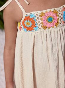 SHEIN Young Girl Woven Solid Color Splicing Ribbon Strap Sleeveless Dress - Apricot - View 3