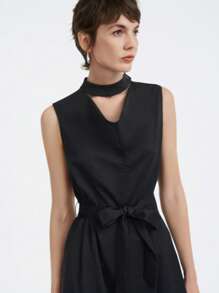 SHEIN LUNE Stand Collar Sleeveless Asymmetric Neckline Design Simple Tie-Waist Loose Dual Wear Dress With Side Slits, New For Spring/Summer - Black - View 3