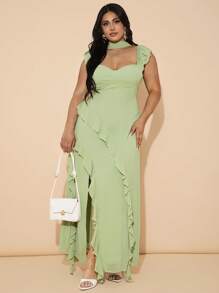 SHEIN BAE 大尺碼女款鼠尾草綠優雅浪漫婚禮早午餐新娘母親賓客洋裝 夏季雪紡V領無袖層次荷葉邊開衩裙 - 綠色 - 查看 3