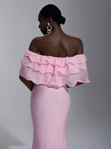 SHEIN Belle Elegant, romantic, demn roz tricotat țesătură elastică, fără mâneci, umăr asimetric, volană, decor, rochie de petrecere cu tivul coadă de pește, potrivită pentru petrecerea de aniversare, nuntă, domnișoară de onoare - Baby Pink - Vizualizare 7