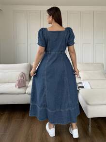 DAZY Dark Washed Blue Square Collar Puff Sleeve Fitted Maxi Denim Dress, Spring/Summer Sundress