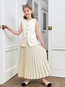 SHEIN Ensemble de 2 pièces comprenant un débardeur et une jupe plissée mini pour fille pré-adolescente allant à l'école