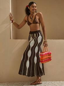 RueChic Falda de punto con estampado total y cubrecuerpo con ondas para la playa en verano