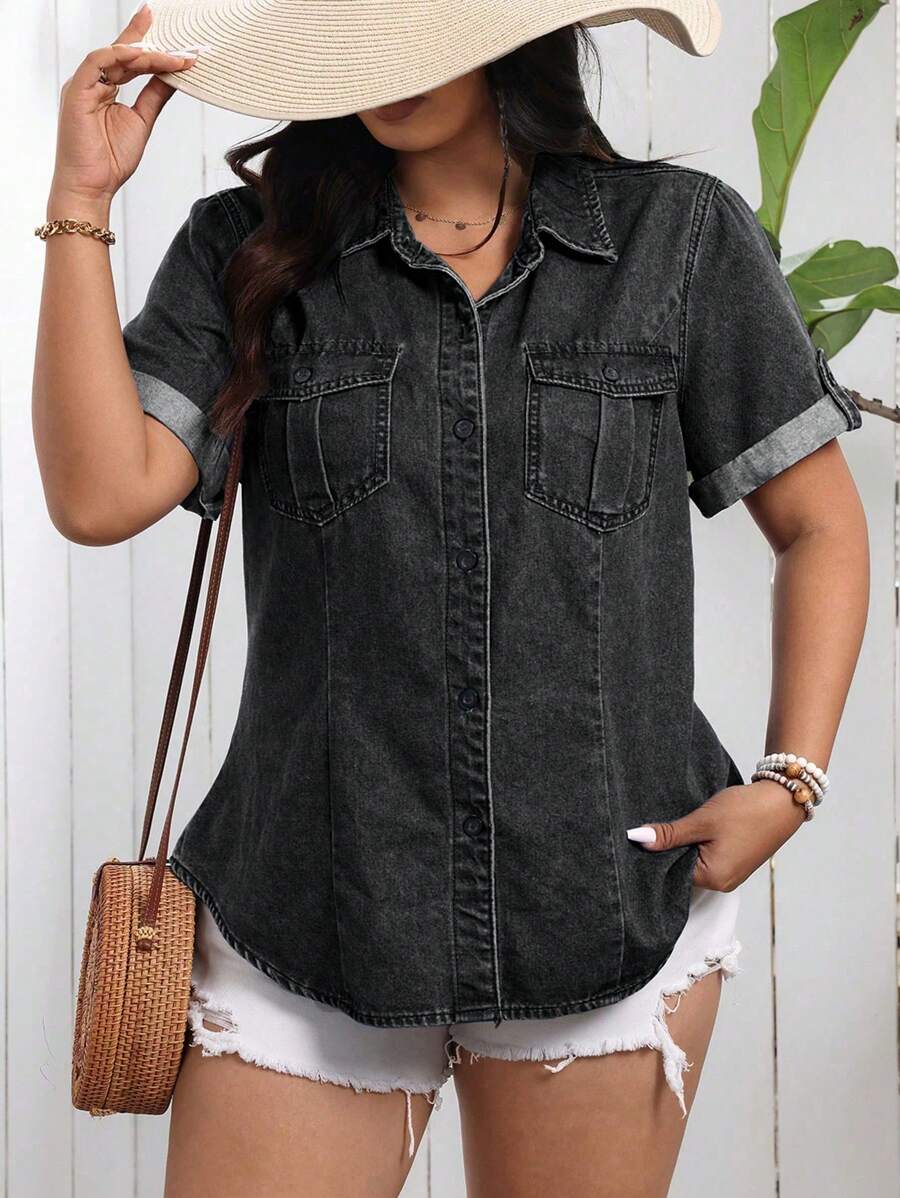 EMERY ROSE Plus Size Women's Short Sleeve Single Breasted Utility Pocket Casual Denim Blouse - Grey - View 1