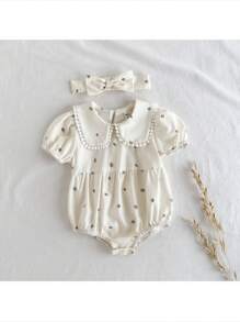 Loomiva 女婴柔软针织碎花荷叶领泡泡袖连体衣 - 杏色 - 查看 7