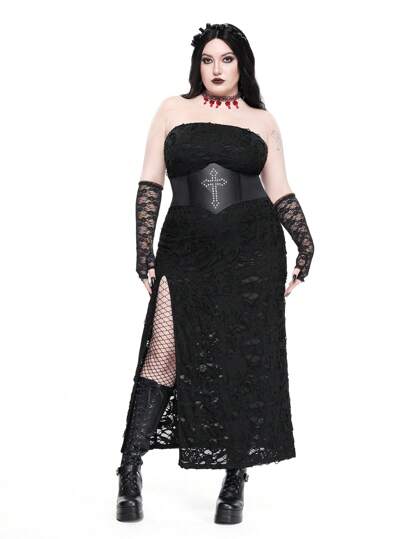 Goth Plus Size Sexy Low-Cut High Slit Backless Halter Fishtail Black Summer Beach Party Dress