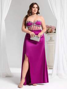 Coutiva Plus Size Sexy Elegant Rhinestone Decor Slit Front Strapless Party Dress,Woman Dress Western Dresses For Women Woman Easter Dress Prom Dresses For Woman Women Formal Gowns Woman Formal Plus