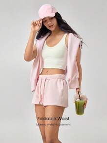 GLOWMODE 2.5" Everyday Terry Foldable High-Waist Drawstring Shorts Pocket Daily Casual Summer - Pink - View 4