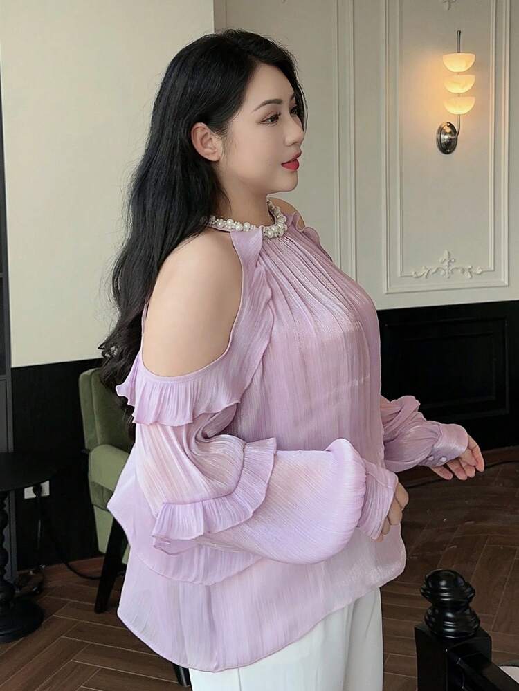 Dazy Plus Pearl Decor Open Shoulder Loose Lantern Sleeve Party Top, Purple Color For Spring/Summer