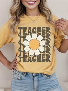 INAWLY Camiseta de manga corta con cuello redondo y gráfico retro de margarita para maestros, informal - Amarillo - Ver 3
