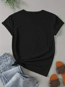 Women's Round Neck Solid Color T-Shirt, Fashionable For Summer - Black - View 2