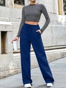 SHEIN Tall Pantalones de chándal con cordón y bolsillos Cottnline, para mujeres altas - Azul - Ver 4