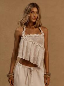 MUSERA Halterneck Ruffle Strap Textured Knit Fitted Asymmetric Hem Tank Top Spring Summer Vacation Ibiza Cute Beach , Autum, , Holiday - Yellow - View 1