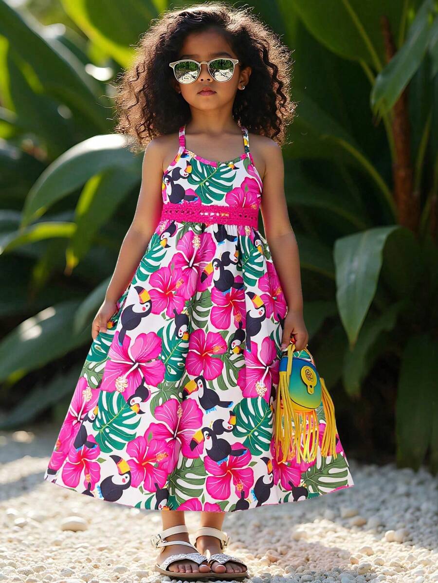 SHEIN Young Girls' Printed Spaghetti Strap Dress, Spring/Summer Tropical Kids Dresses Kids Tropical Dress - Hot Pink - View 1