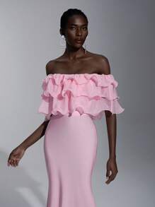 SHEIN Belle Elegant, romantic, demn roz tricotat țesătură elastică, fără mâneci, umăr asimetric, volană, decor, rochie de petrecere cu tivul coadă de pește, potrivită pentru petrecerea de aniversare, nuntă, domnișoară de onoare - Baby Pink - Vizualizare 4