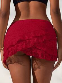 Swim Mod 女士优雅蕾丝双层荷叶边镂空半裙吊带背心 - 紅色 - 查看 2