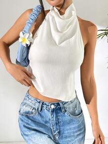 Comfortcana Top a camicia da donna in lino senza schienale, con spalline a spaghetti, ideale per le vacanze estive