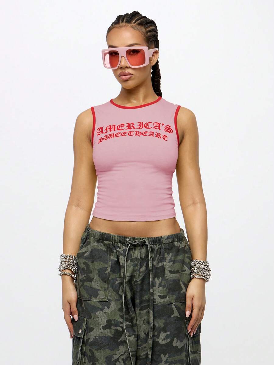 SUMWON WOMEN 4th Of July America's Sweetheart Y2K Crop Tank Athletic Cotton Jersey Tank Top Retro Aesthetic Urban Streetwear Gym Workout Teen Fashion Summer Spring - Baby Pink - View 1