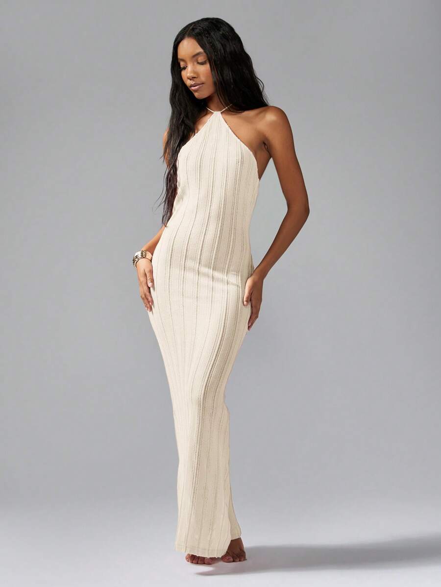 MISSGUIDED Ribbed Knit Halter Neck Maxi Evening Gown Stretchy Bodycon Form Fitting Long Dress Special Occasion Party Wedding Guest Full Length - Cream - View 1