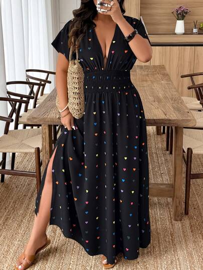 Weeklong Vestido casual con estampados aleatorios, cintura con cordón ajustable y abertura lateral para mujer de talla grande para vacaciones