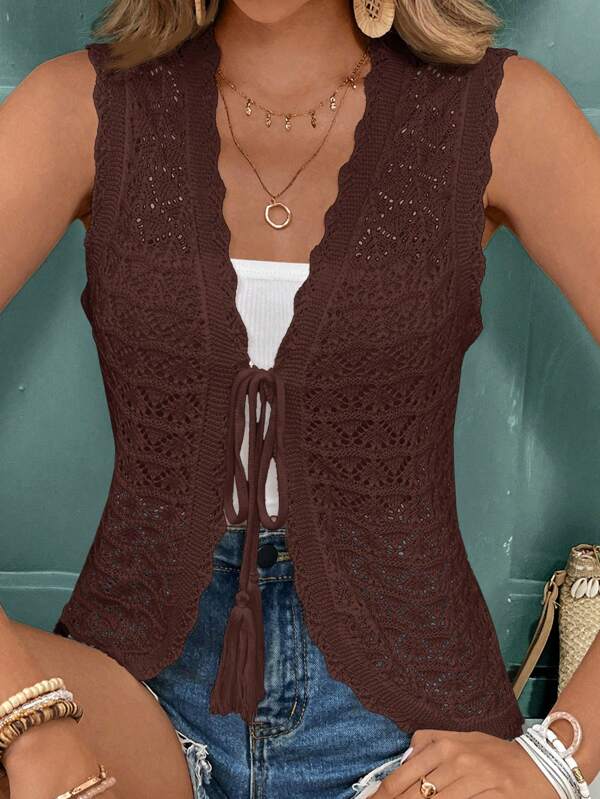 SHEIN Frenchy Solid Color Woven Hollow Crochet Vest Cardigan, Suitable For Summer Vacation Or Wedding Season, Short Summer Top, French Style