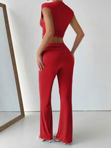 INAWLY Bộ 2 áo cổ tròn xếp ly màu trơn cho nữ và quần Palazzo - Đỏ - Xem 2