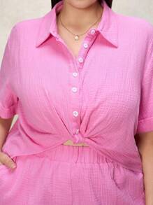 Chikora Plus Size Summer Casual Solid Color Twist Knot Shirt And Shorts 2 Pieces Set - Hot Pink - View 1