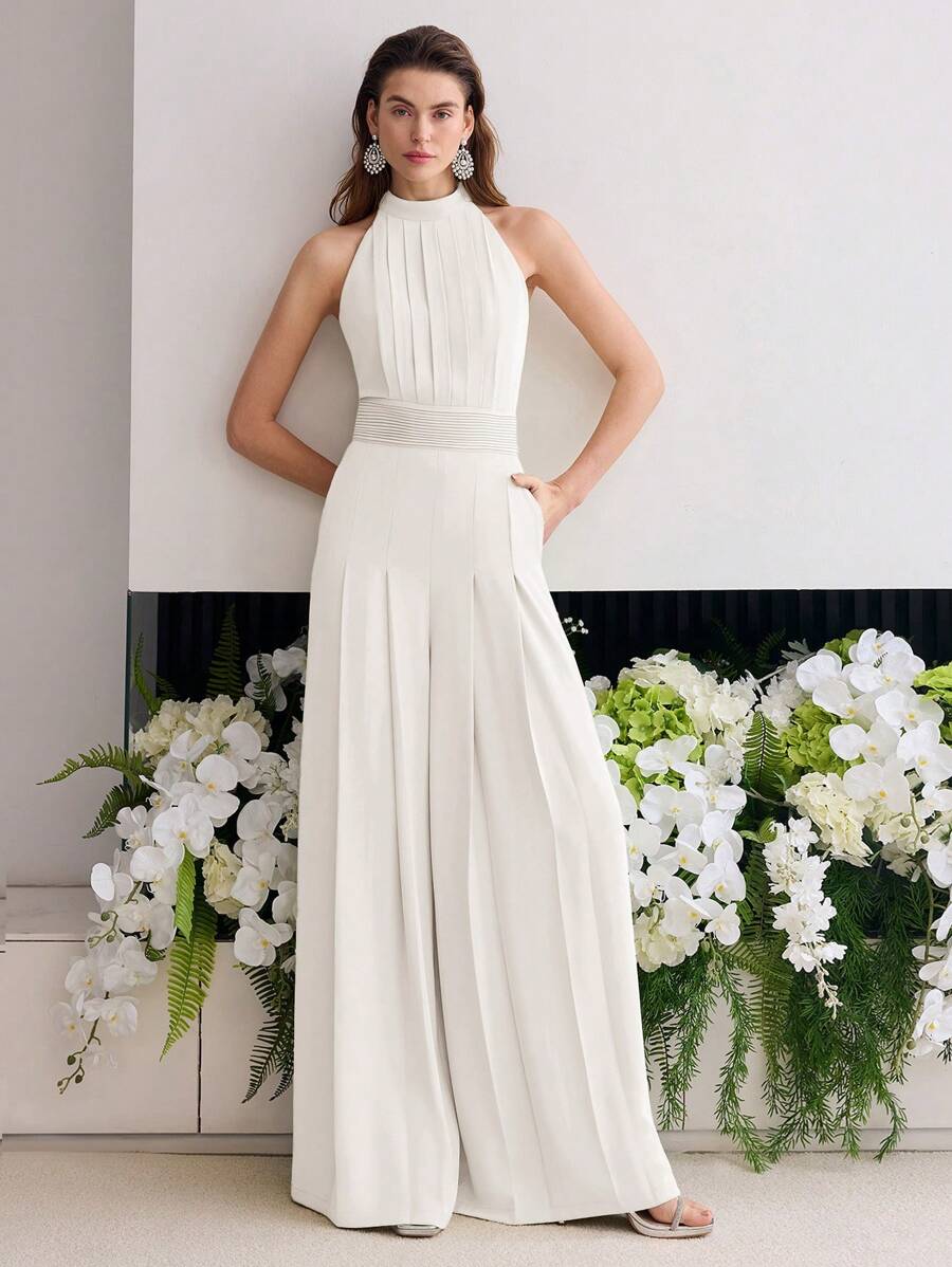 MOTF PREMIUM 褶皱阔腿连体裤 - 白色 - 查看 1